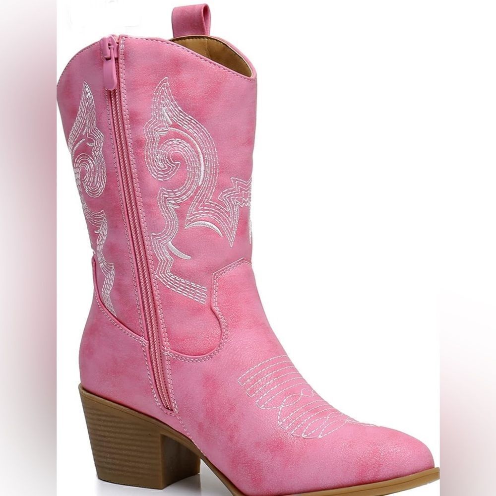 Women's Mid Calf The Western Cowgirl Boots Chunky Low Heel - Picture 11 of 16